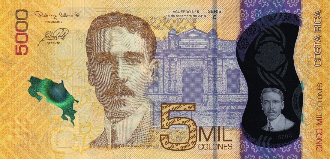 5,000 Costa Rican colón banknote (CRC), Costa Rica, current polymer series, front side