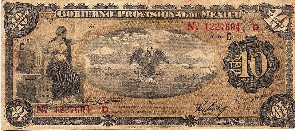 Billete de 10 pesos del Gobierno Provisional de México (anverso)