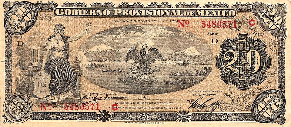Billete de 20 pesos del Gobierno Provisional de México (anverso)