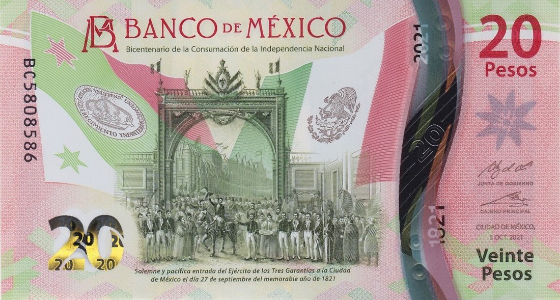 20 Mexican peso banknote (MXN), Mexico, 2021, bicentennial, front side