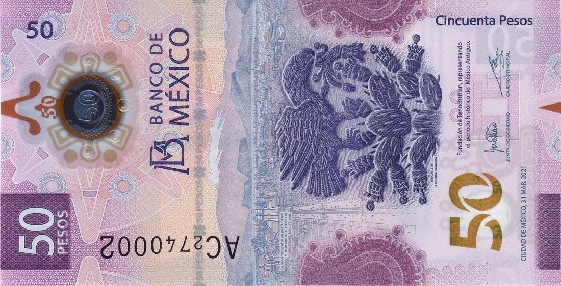 50 Mexican peso banknote (MXN), Mexico, Family G, front side