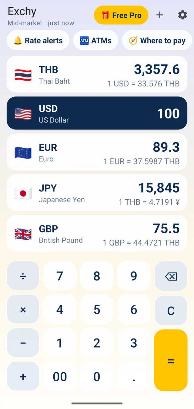 The Exchy main screen, light theme: Thai baht, US dollar, euro, yen and pound rows with a calculator keypad