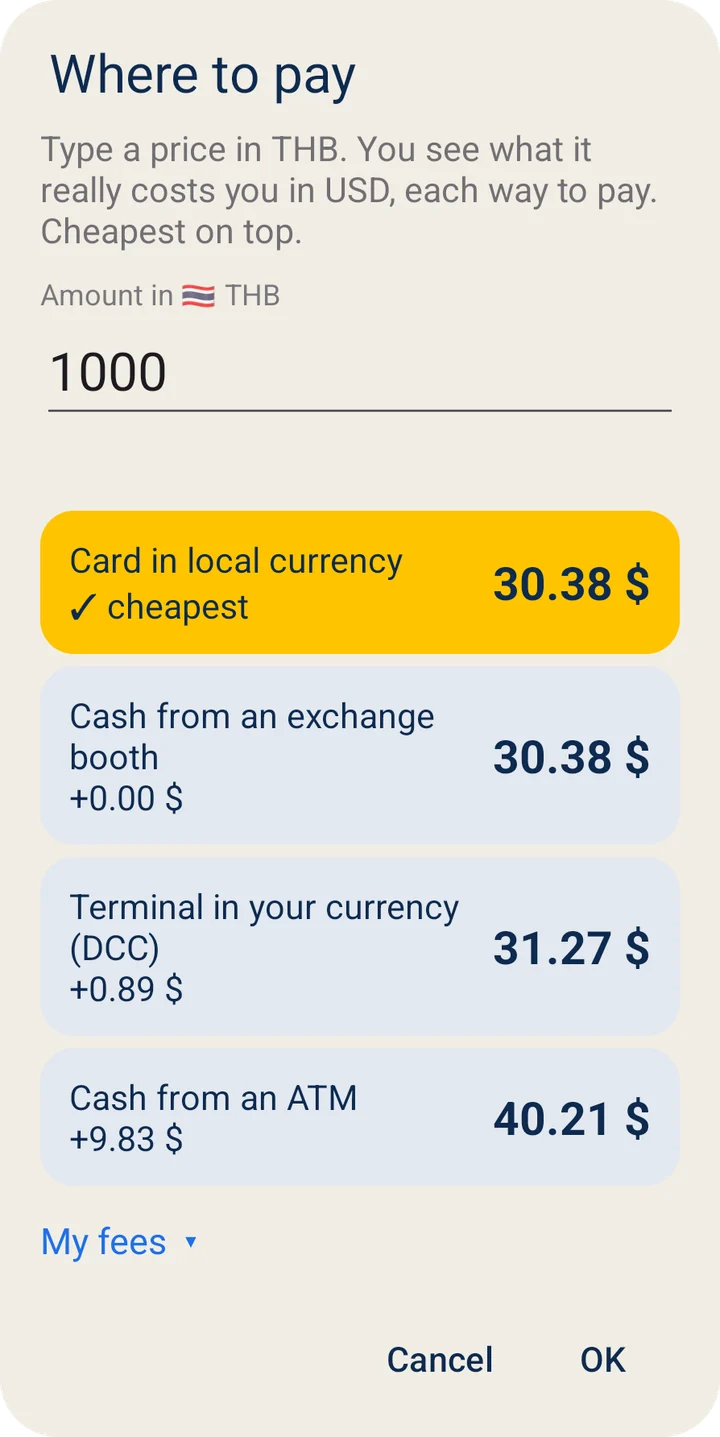 Where to pay: 1000 THB costs 30.38 dollars by card, 31.27 at a terminal that charges in your currency, 40.21 from an ATM